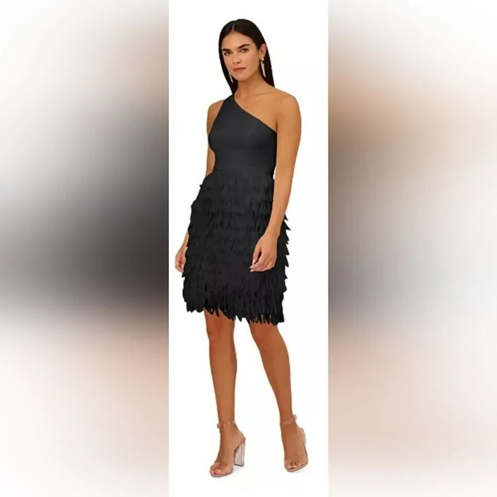 Adrianna Papell Chiffon Feather Cocktail Dress NWT Size 10 Black